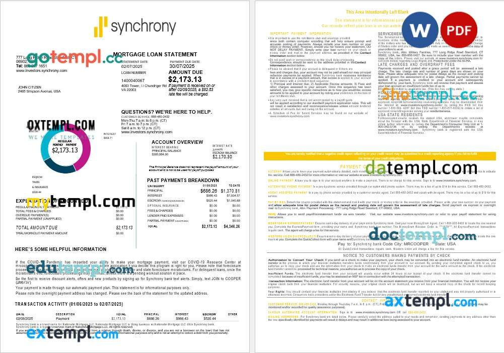 USA Synchrony Bank mortgage loan statement in Word and PDF formats, 4 pages USA Synchrony Bank mortgage loan statement in Word and PDF formats, 4 pages