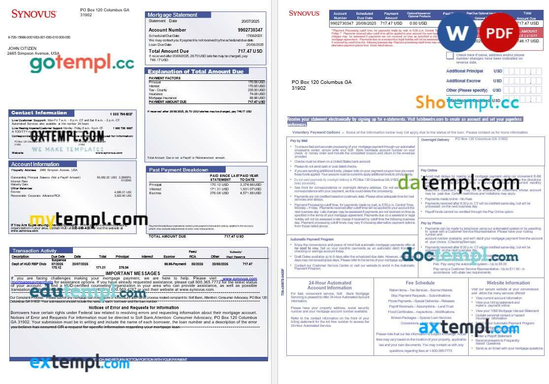 USA Synovus bank mortgage statement in Word and PDF formats, 3 pages USA Synovus bank mortgage statement in Word and PDF formats, 3 pages
