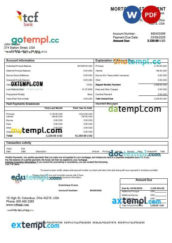USA TCF Bank mortgage statement in Word and PDF formats USA TCF Bank mortgage statement in Word and PDF formats
