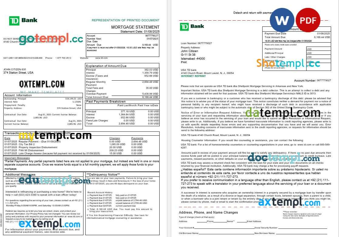 USA TD bank mortgage statement in Word and PDF formats, 3 pages USA TD bank mortgage statement in Word and PDF formats, 3 pages