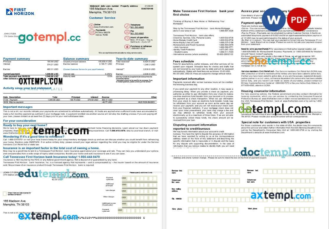 USA Tennessee First Horizon Bank mortgage statement in Word and PDF formats, 2 pages USA Tennessee First Horizon Bank mortgage statement in Word and PDF formats, 2 pages