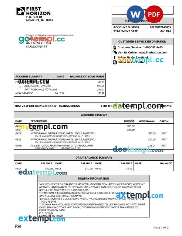 USA Tennessee First Horizon bank statement template in Word and PDF format USA Tennessee First Horizon bank statement template in Word and PDF format