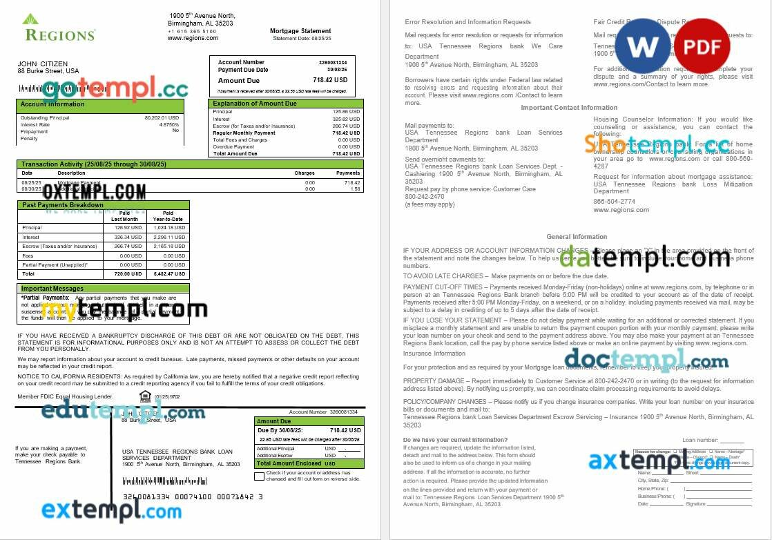 USA Tennessee Regions bank mortgage statement in Word and PDF formats USA Tennessee Regions bank mortgage statement in Word and PDF formats