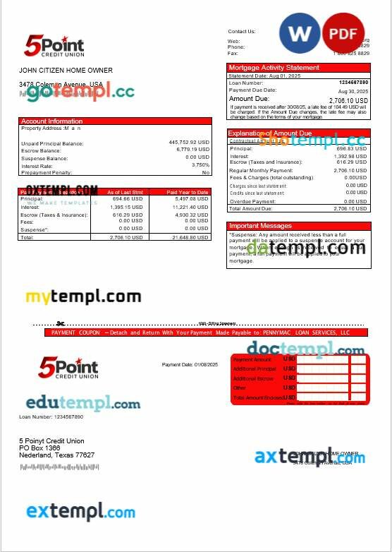 USA Texas 5Point Credit Union bank mortgage statement in Word and PDF formats USA Texas 5Point Credit Union bank mortgage statement in Word and PDF formats
