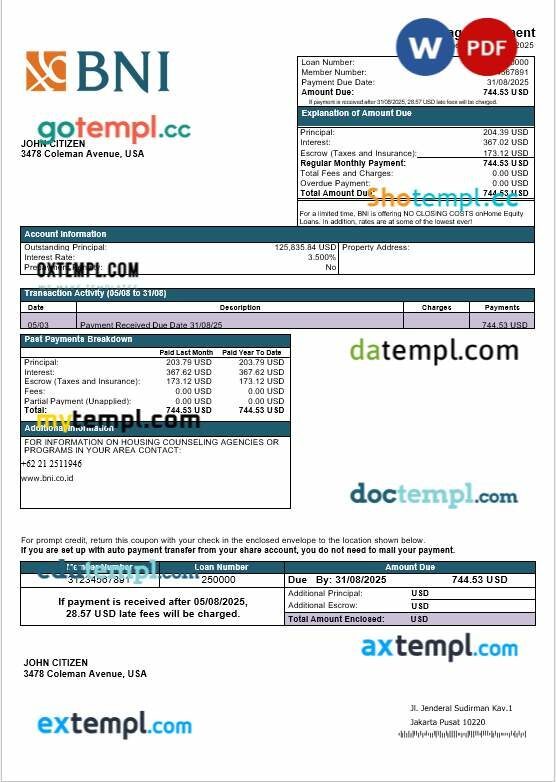 USA Texas BNI bank mortgage statement in Word and PDF formats USA Texas BNI bank mortgage statement in Word and PDF formats