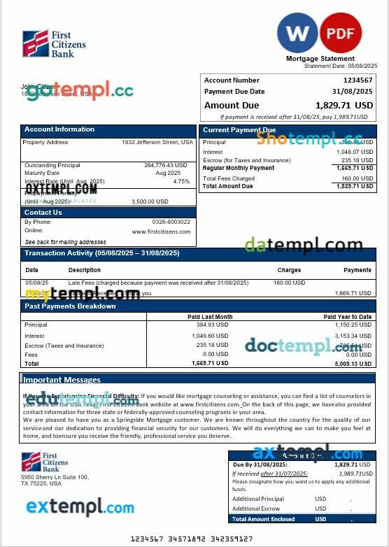 USA Texas First Citizens bank mortgage statement in Word and PDF formats USA Texas First Citizens bank mortgage statement in Word and PDF formats