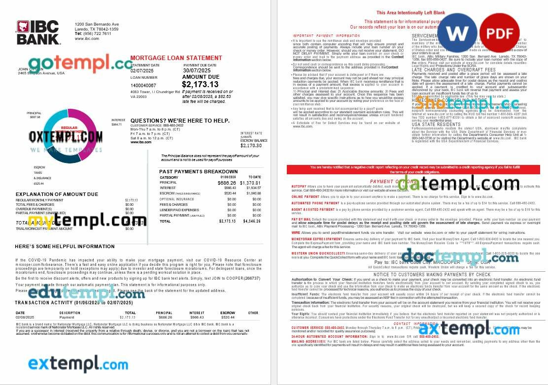 USA Texas IBC bank mortgage loan statement in Word and PDF formats, 4 pages USA Texas IBC bank mortgage loan statement in Word and PDF formats, 4 pages