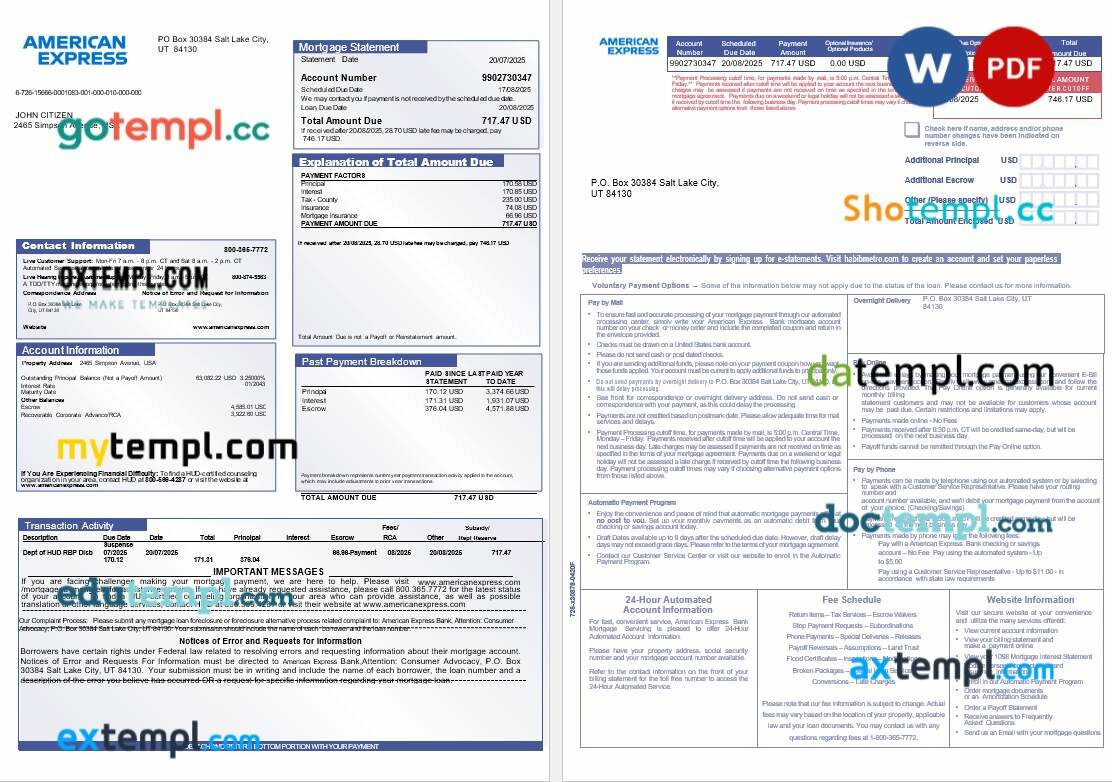USA The American Express bank mortgage statement in Word and PDF formats, 3 pages USA The American Express bank mortgage statement in Word and PDF formats, 3 pages