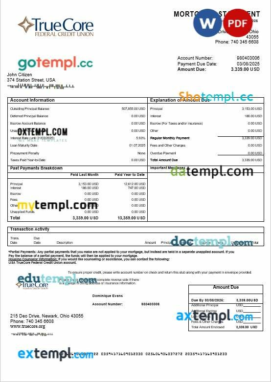 USA TrueCore Federal Credit Union account mortgage statement in Word and PDF formats USA TrueCore Federal Credit Union account mortgage statement in Word and PDF formats