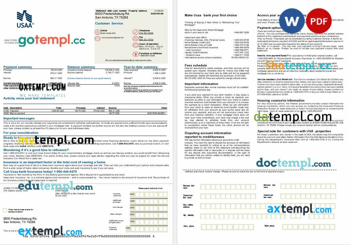 USA USAA Bank mortgage statement in Word and PDF formats, 2 pages USA USAA Bank mortgage statement in Word and PDF formats, 2 pages