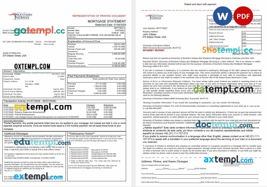 USA University of Southern Indianna account mortgage statement in Word and PDF formats, 3 pages USA University of Southern Indianna account mortgage statement in Word and PDF formats, 3 pages