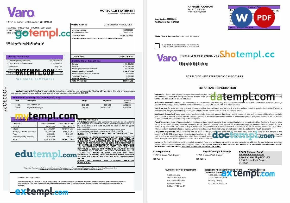 USA Varo bank mortgage statement in Word and PDF formats USA Varo bank mortgage statement in Word and PDF formats