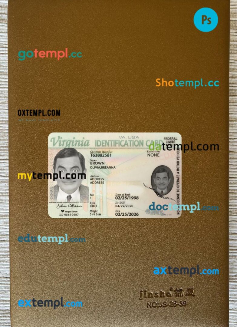 USA Virginia ID card editable PSD files, scan look and photo-realistic look, 2 in 1 USA Virginia ID card editable PSD files, scan look and photo-realistic look, 2 in 1