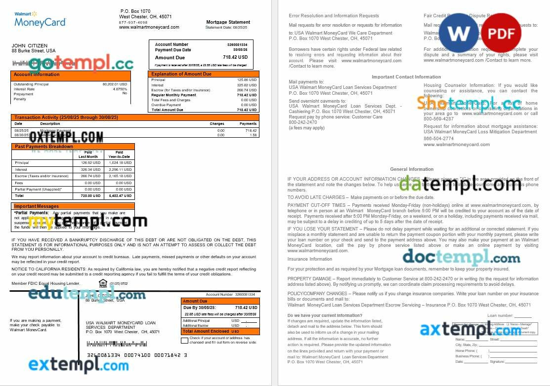 USA Walmart Money Card mortgage statement in Word and PDF formats USA Walmart Money Card mortgage statement in Word and PDF formats