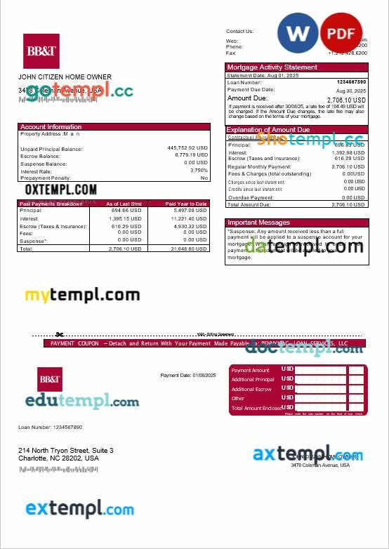 USA Washington BB&T bank mortgage statement in Word and PDF formats USA Washington BB&T bank mortgage statement in Word and PDF formats