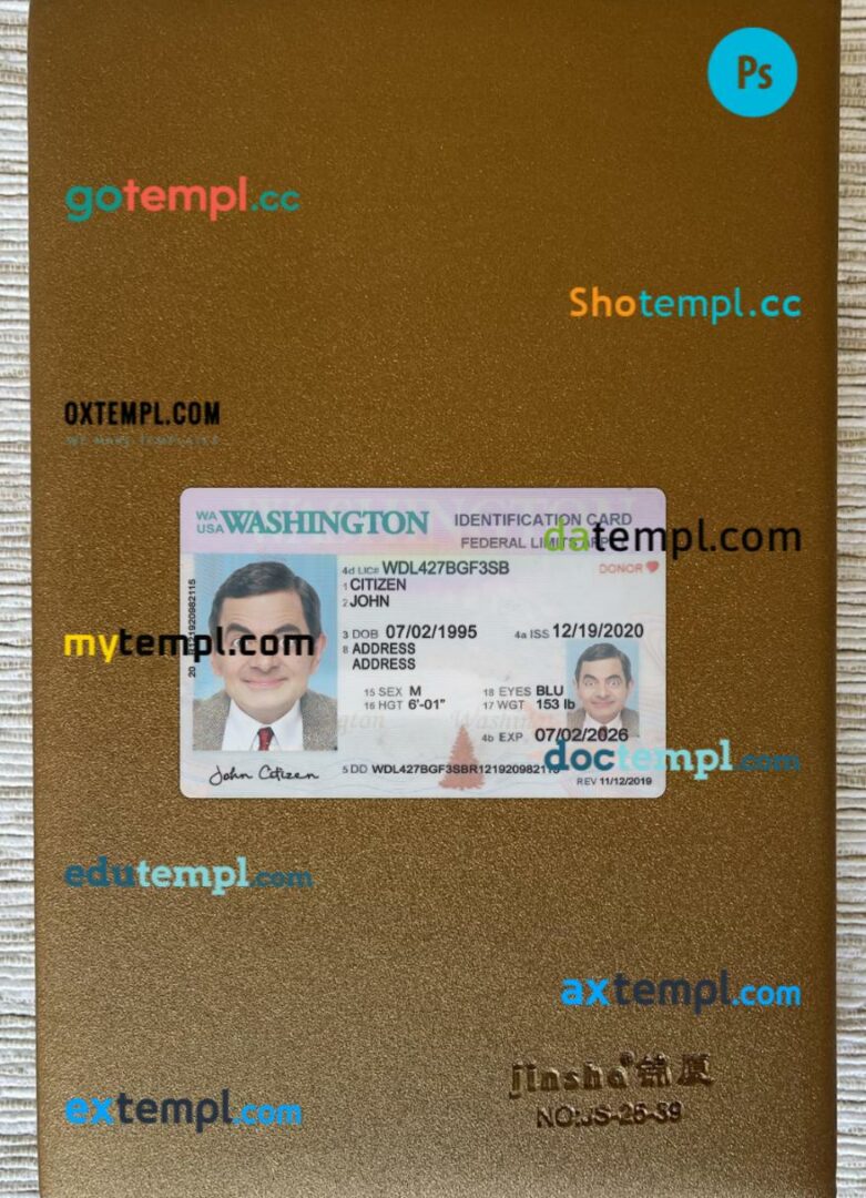 USA Washington ID card editable PSD files, scan look and photo-realistic look, 2 in 1, 2020-present USA Washington ID card editable PSD files, scan look and photo-realistic look, 2 in 1, 2020-present