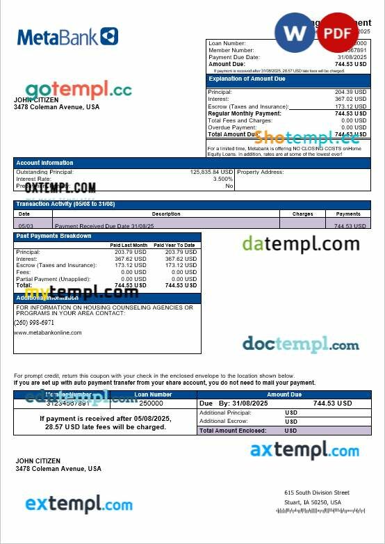 USA Washington Metabank mortgage statement in Word and PDF formats USA Washington Metabank mortgage statement in Word and PDF formats