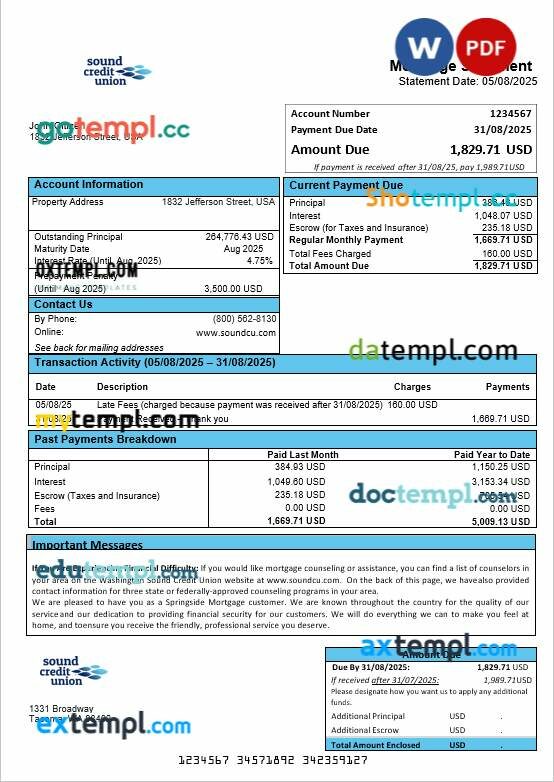 USA Washington Sound Credit Union mortgage statement in Word and PDF formats USA Washington Sound Credit Union mortgage statement in Word and PDF formats