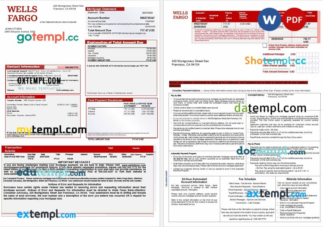 USA Wells Fargo bank mortgage statement in Word and PDF formats, 3 pages USA Wells Fargo bank mortgage statement in Word and PDF formats, 3 pages