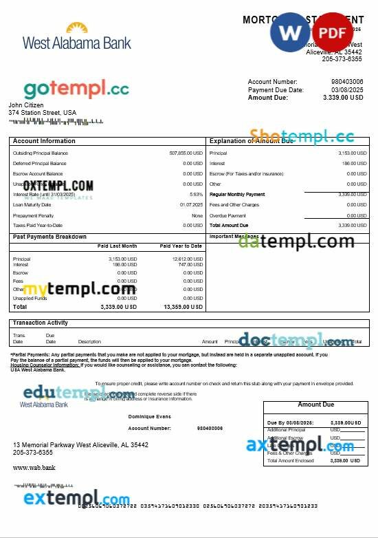 USA West Alabama bank mortgage statement in Word and PDF formats USA West Alabama bank mortgage statement in Word and PDF formats