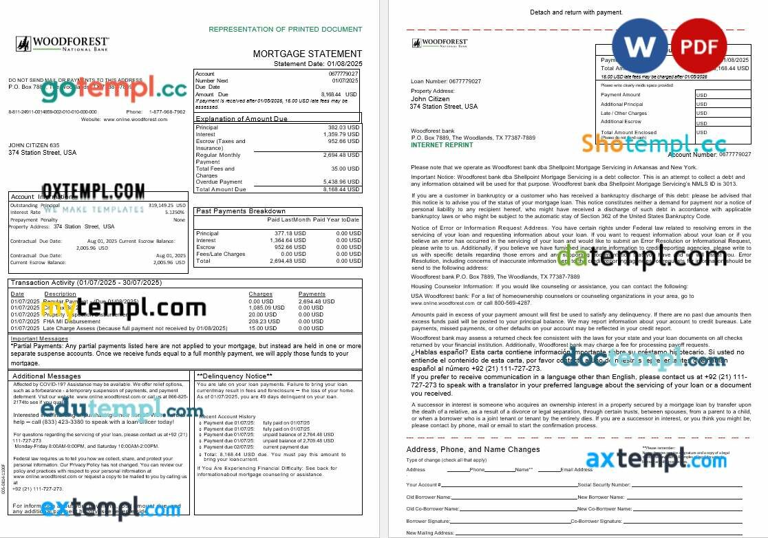 USA Woodforest bank mortgage statement in Word and PDF formats, 3 pages USA Woodforest bank mortgage statement in Word and PDF formats, 3 pages