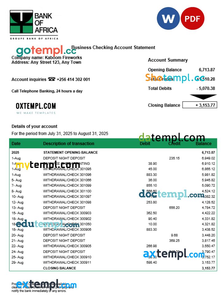Uganda Bank of Africa firm account statement Word and PDF template Uganda Bank of Africa firm account statement Word and PDF template