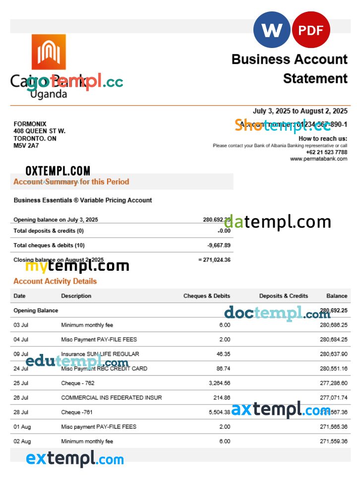 Uganda Cairo enterprise account statement Word and PDF template Uganda Cairo enterprise account statement Word and PDF template