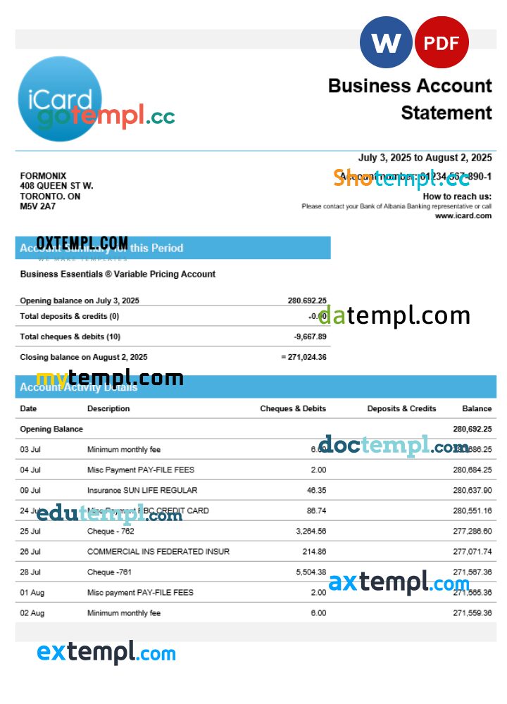 Ukraine Icard business checking account statement Word and PDF template Ukraine Icard business checking account statement Word and PDF template