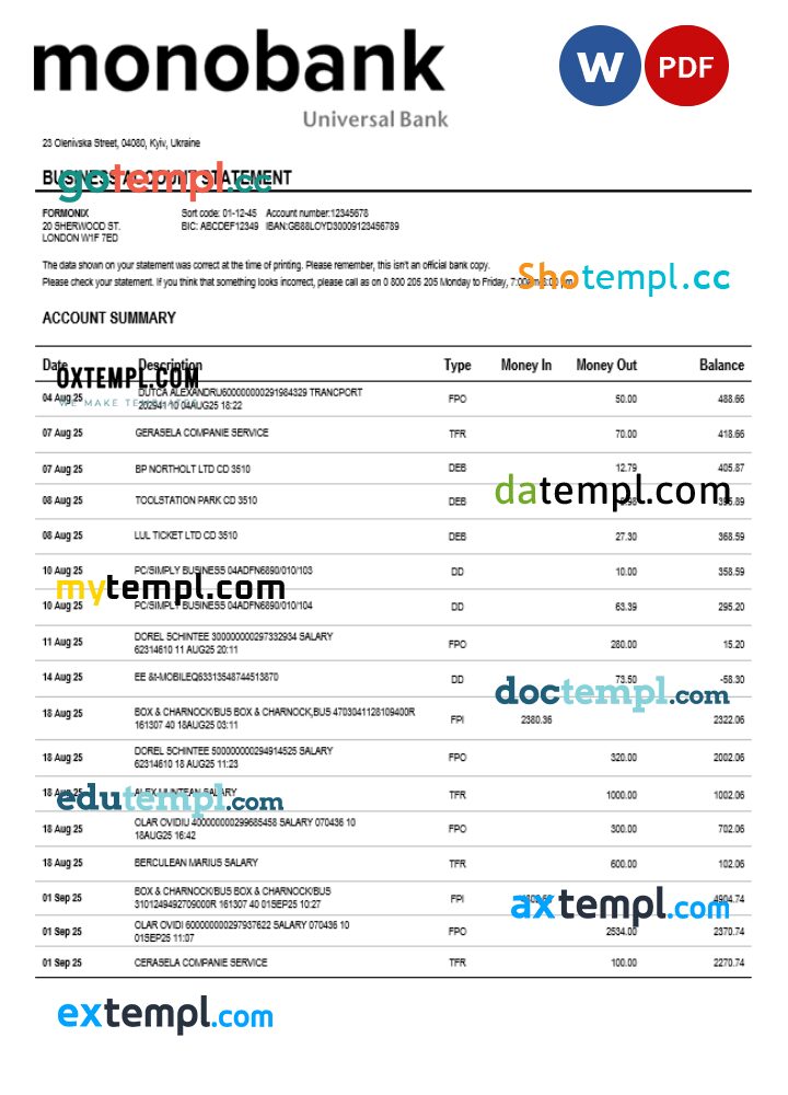 Ukraine Monobank enterprise account statement Word and PDF template Ukraine Monobank enterprise account statement Word and PDF template