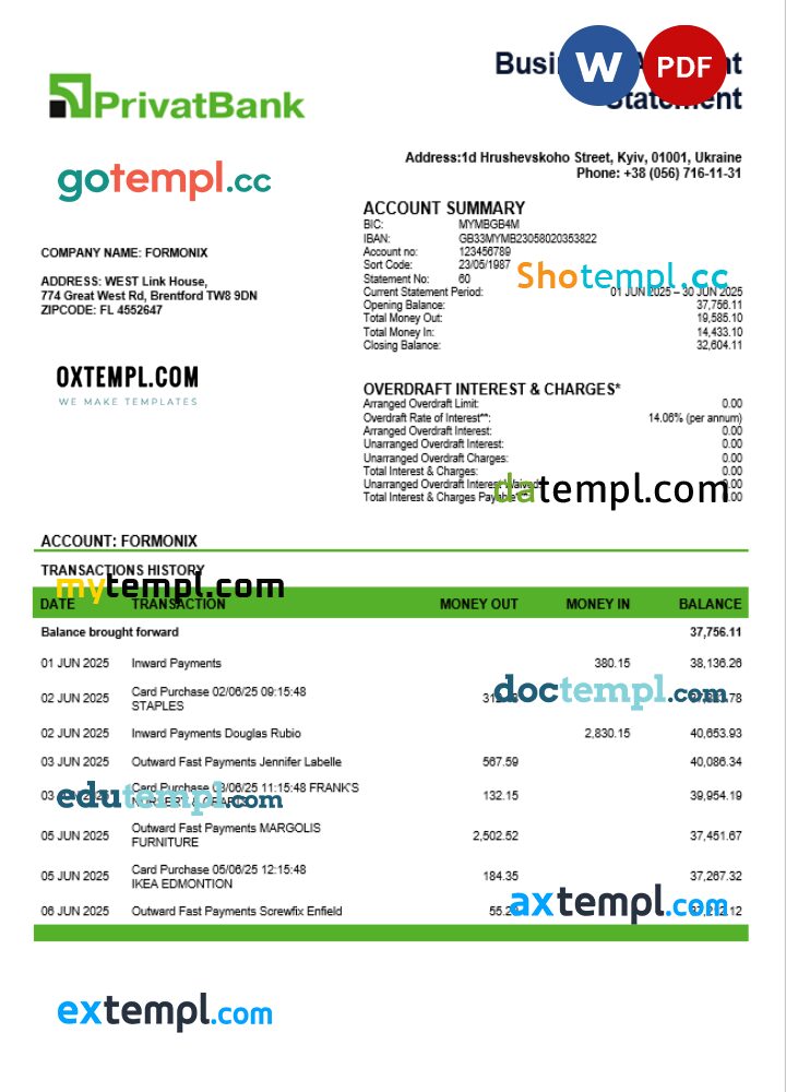 Ukraine Privatbank enterprise account statement Word and PDF template Ukraine Privatbank enterprise account statement Word and PDF template