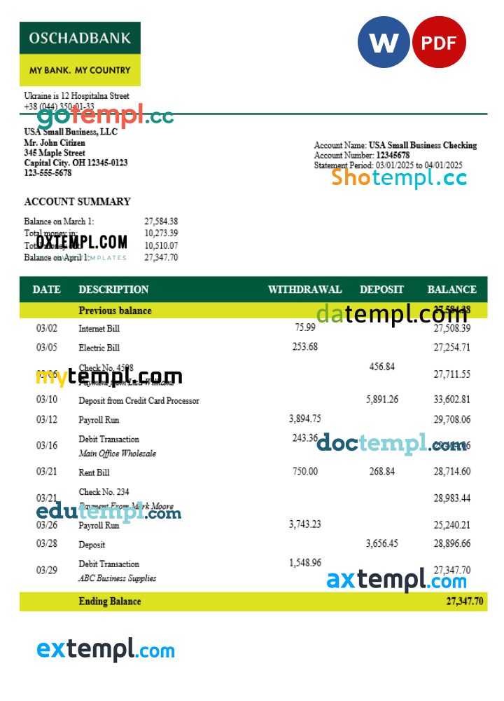 Ukrainian Oshadbank enterprise statement Word and PDF template Ukrainian Oshadbank enterprise statement Word and PDF template