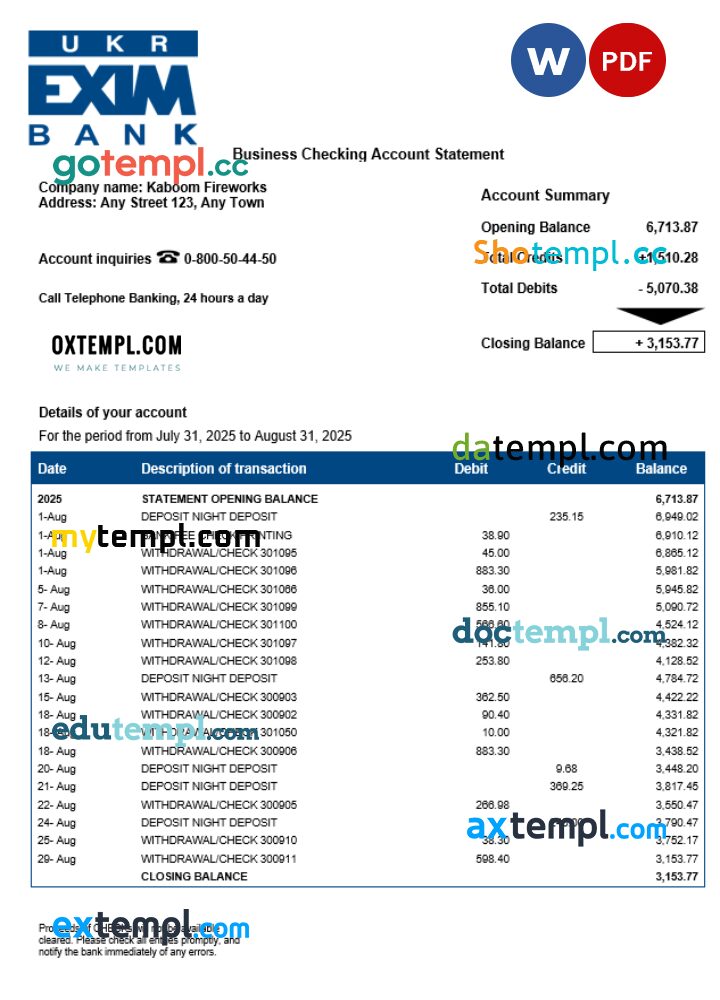 Ukrainian Ukreximbank business checking account statement Word and PDF template Ukrainian Ukreximbank business checking account statement Word and PDF template