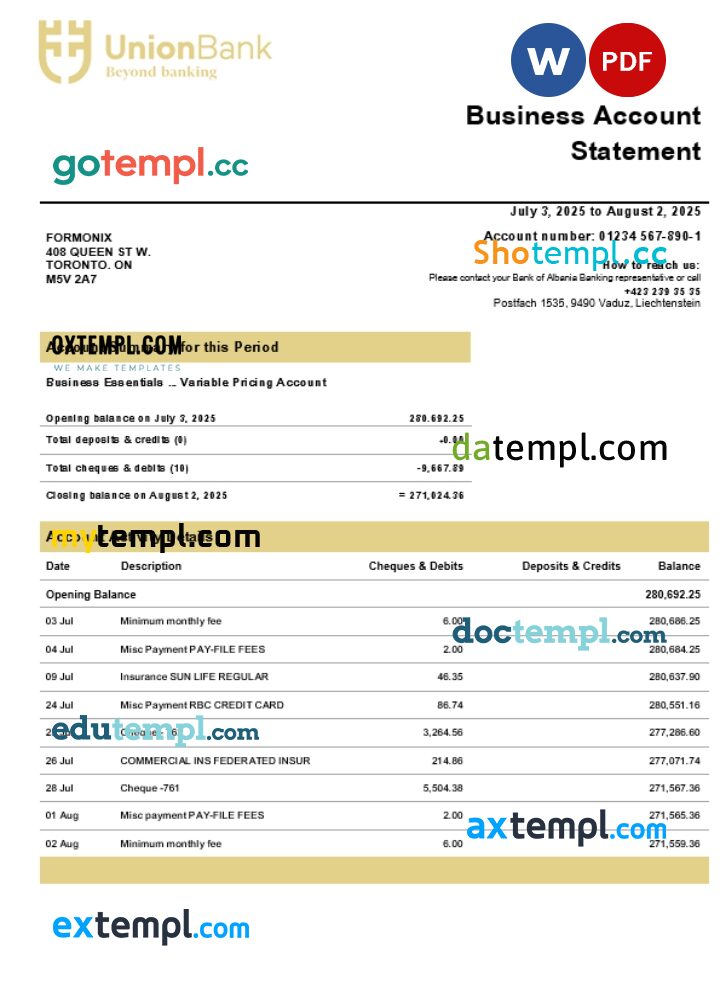 Union Bank AG company checking account statement Word and PDF template Union Bank AG company checking account statement Word and PDF template