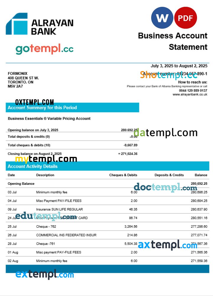 United Kingdom Al Rayan organization account statement Word and PDF template United Kingdom Al Rayan organization account statement Word and PDF template