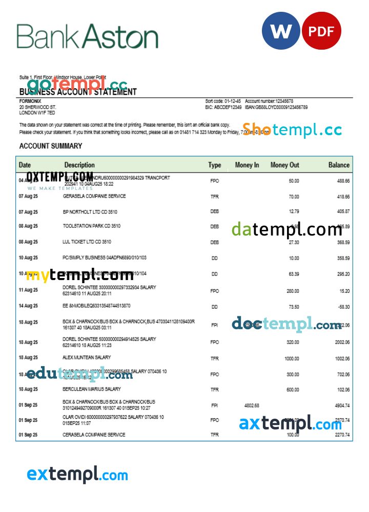 United Kingdom Bank of Aston business checking account statement Word and PDF template United Kingdom Bank of Aston business checking account statement Word and PDF template