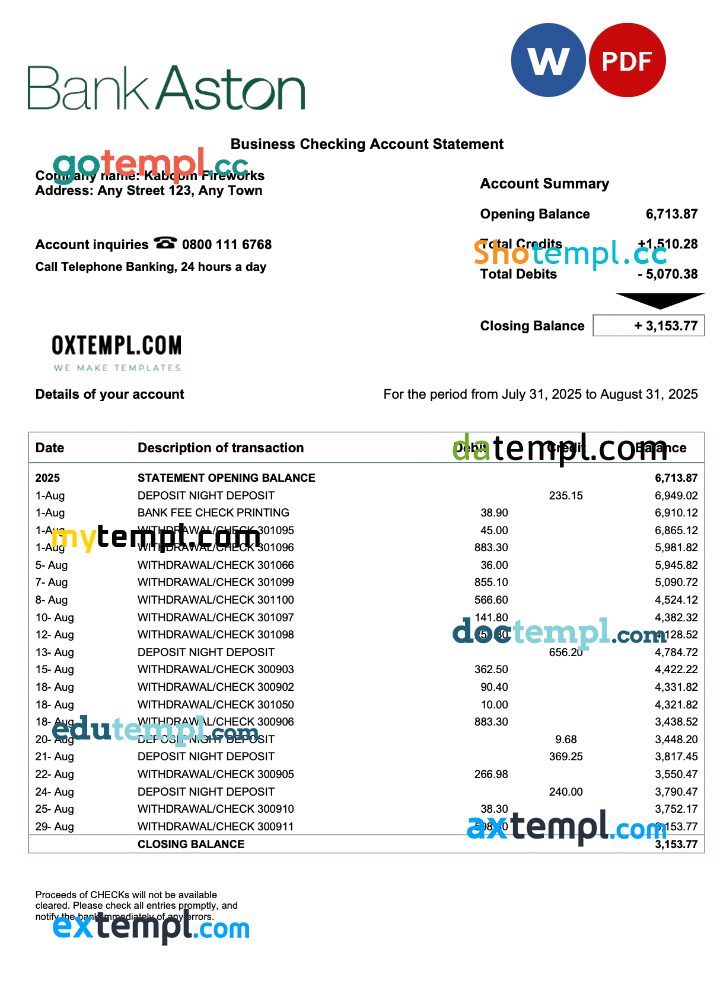 United Kingdom Bank of Aston corporate account statement Word and PDF template United Kingdom Bank of Aston corporate account statement Word and PDF template