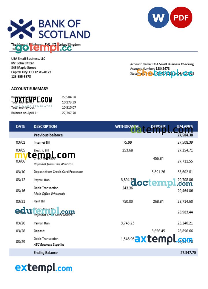United Kingdom Bank of Scotland business checking account statement Word and PDF template United Kingdom Bank of Scotland business checking account statement Word and PDF template