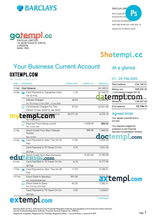 United Kingdom Barclays business bank statement template in PSD format, 6 pages United Kingdom Barclays business bank statement template in PSD format, 6 pages