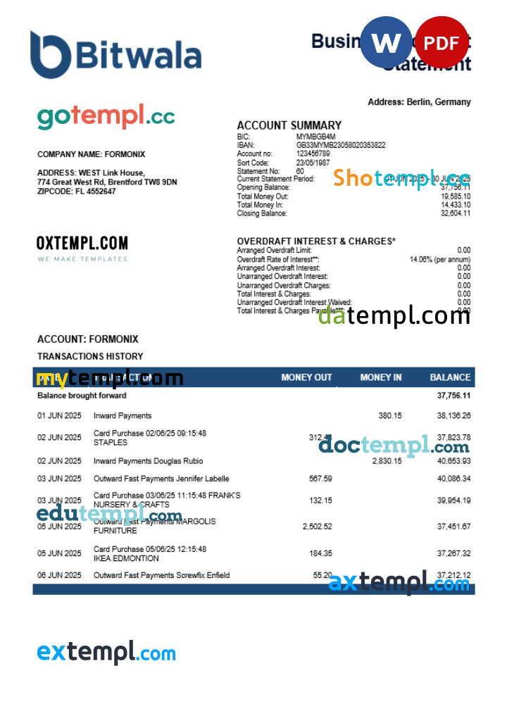 United Kingdom Bitwala firm account statement Word and PDF template United Kingdom Bitwala firm account statement Word and PDF template