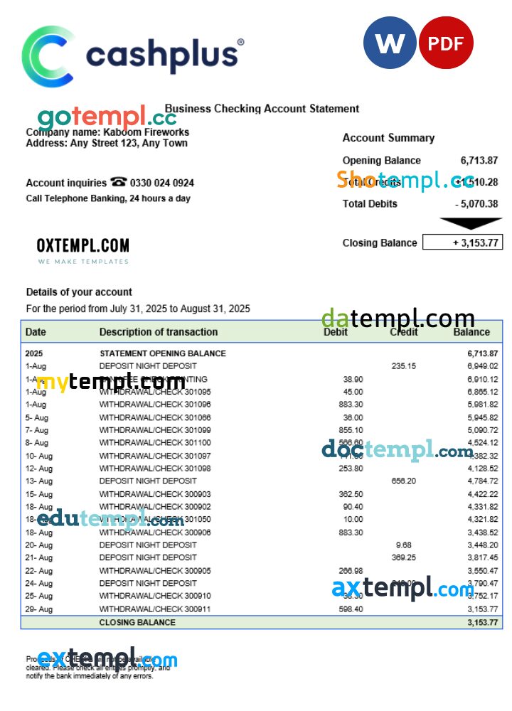 United Kingdom Cashplus corporate account statement Word and PDF template United Kingdom Cashplus corporate account statement Word and PDF template