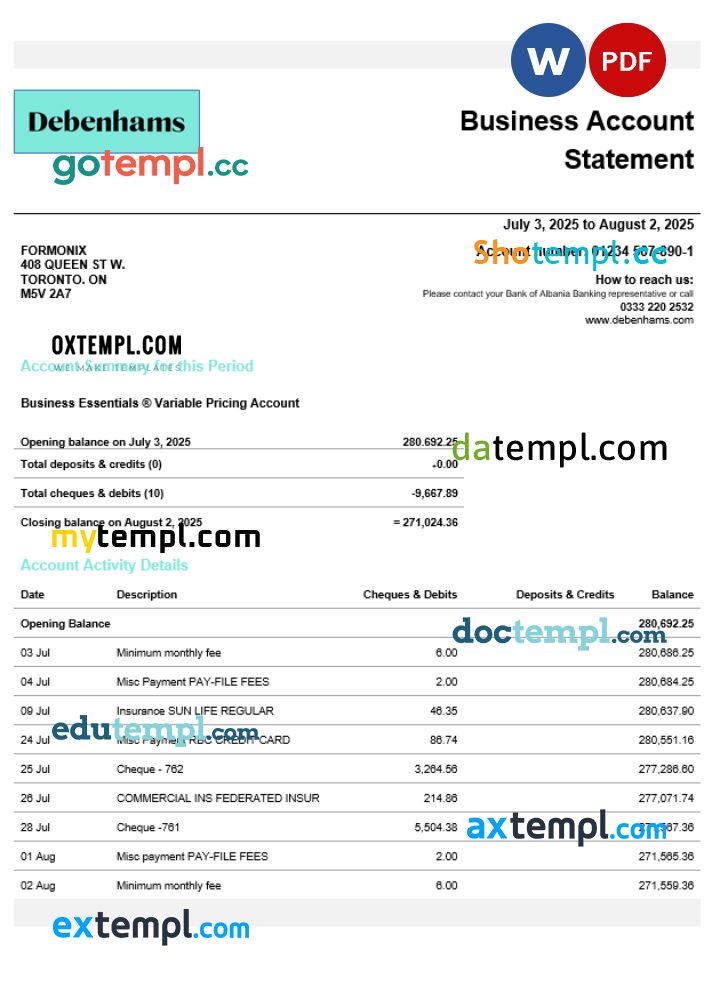 United Kingdom Debenhams business checking account statement Word and PDF template United Kingdom Debenhams business checking account statement Word and PDF template