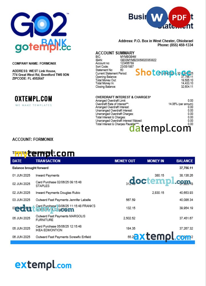 United Kingdom GO2 firm account statement Word and PDF template United Kingdom GO2 firm account statement Word and PDF template