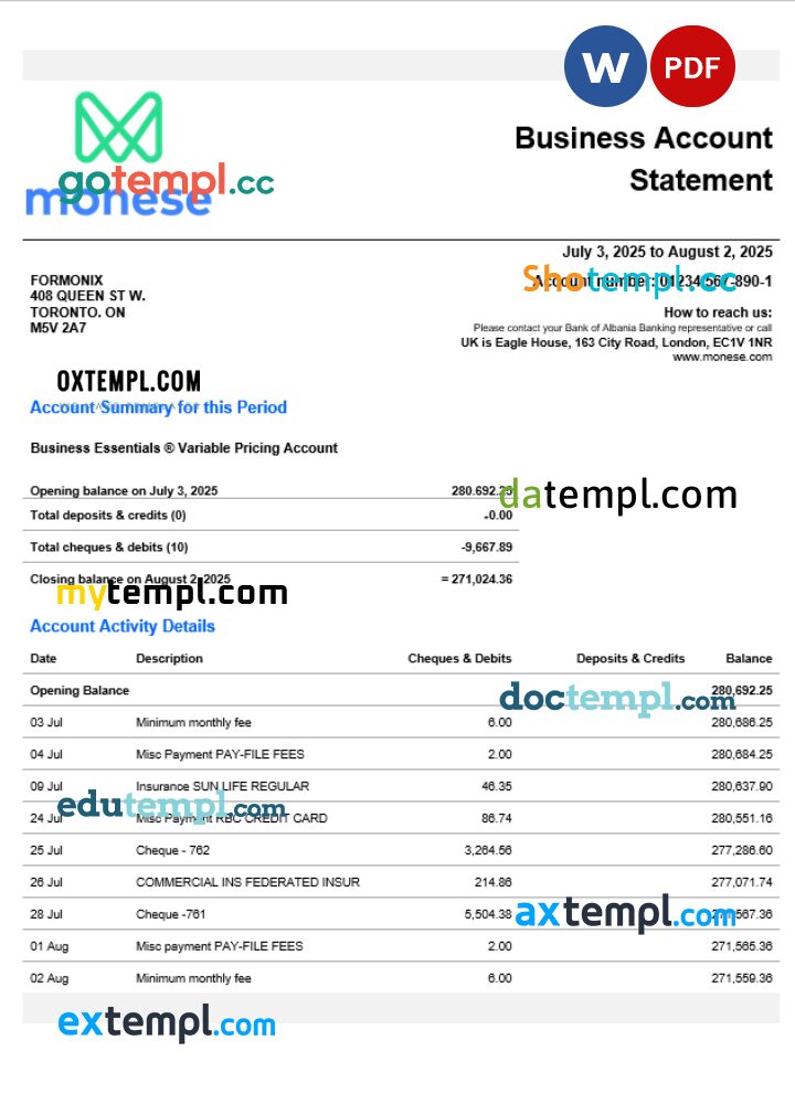 United Kingdom Monese firm account statement Word and PDF template United Kingdom Monese firm account statement Word and PDF template