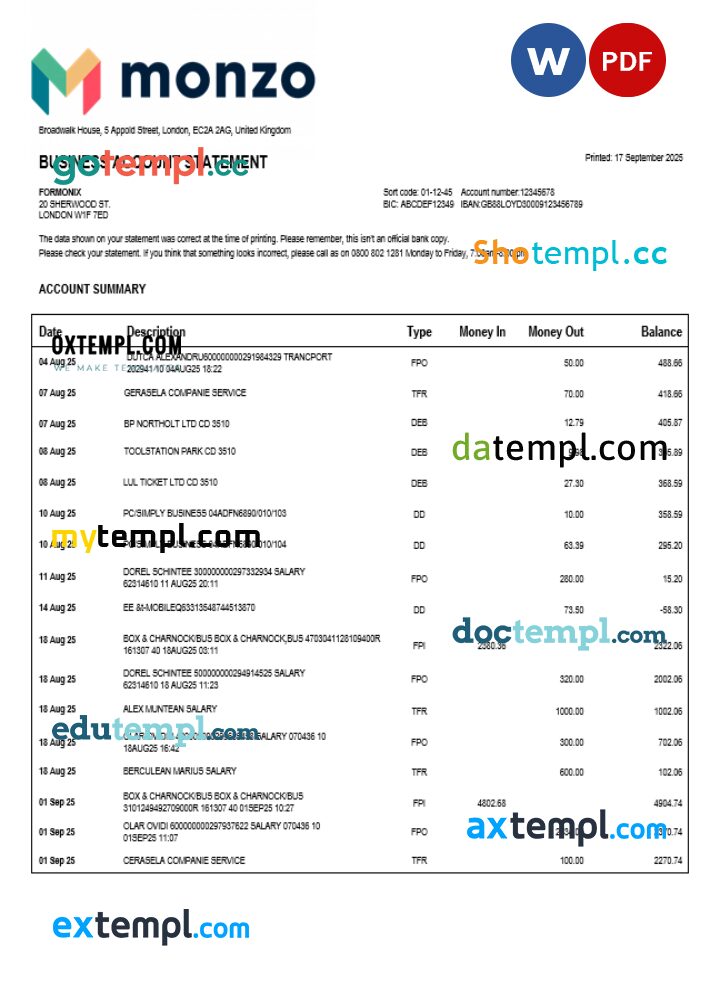 United Kingdom Monzo enterprise statement Word and PDF template United Kingdom Monzo enterprise statement Word and PDF template