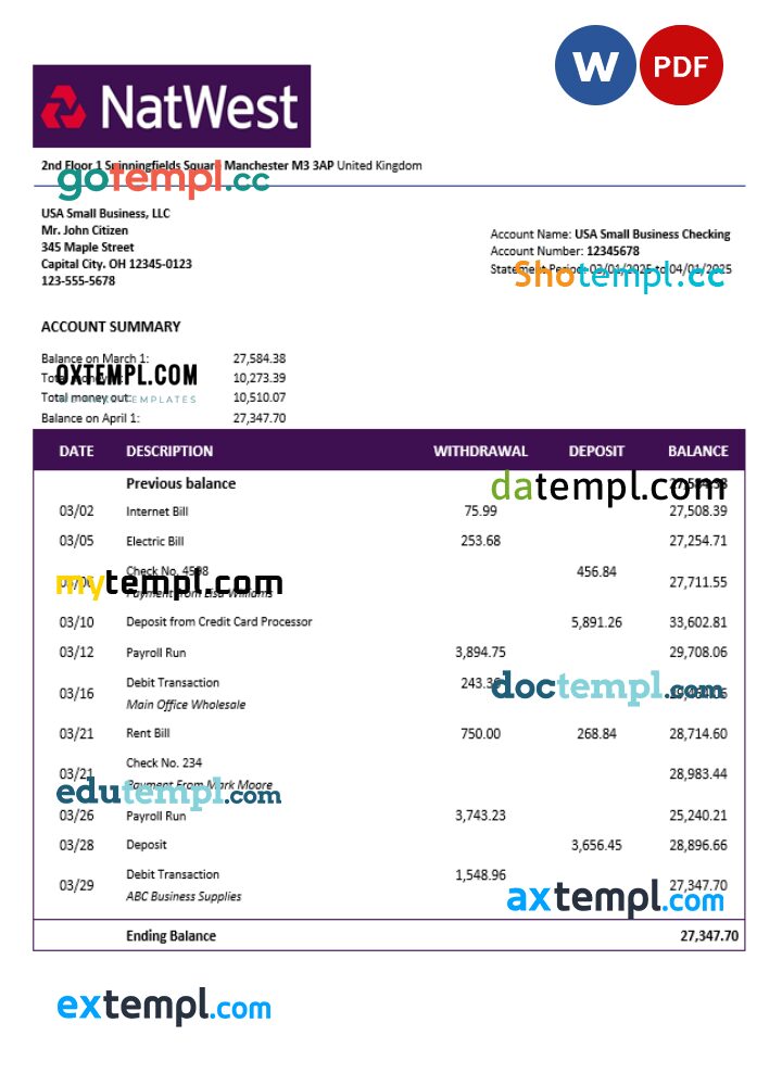 United Kingdom NatWest firm account statement Word and PDF template United Kingdom NatWest firm account statement Word and PDF template