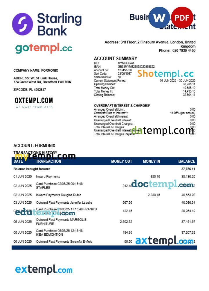 United Kingdom Starling enterprise statement Word and PDF template United Kingdom Starling enterprise statement Word and PDF template