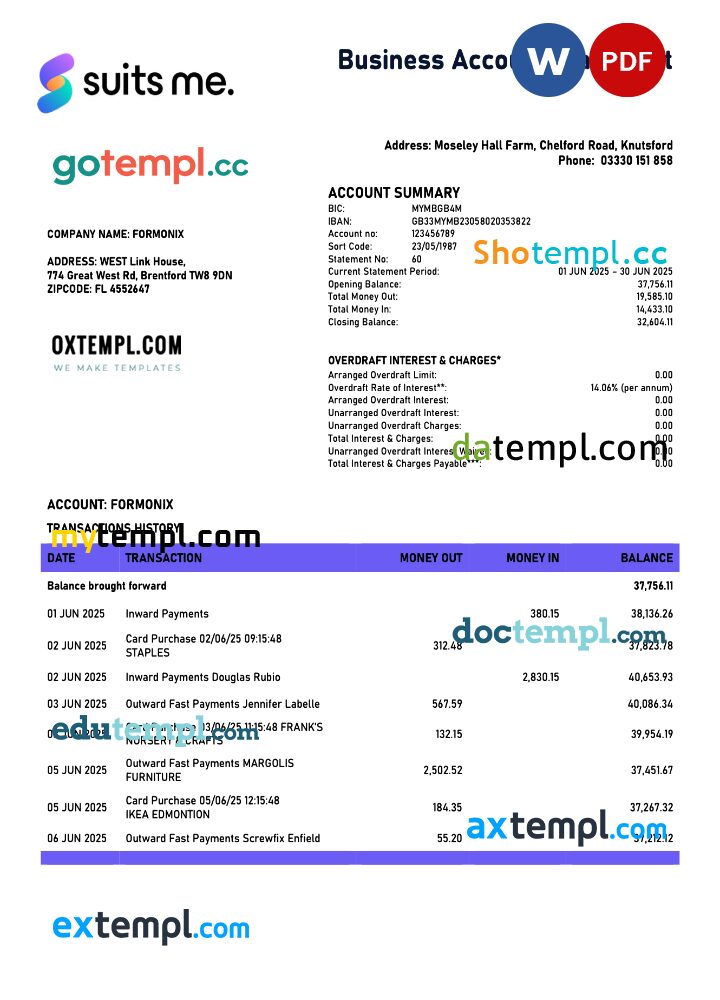 United Kingdom Suits Me organization checking account statement Word and PDF template United Kingdom Suits Me organization checking account statement Word and PDF template