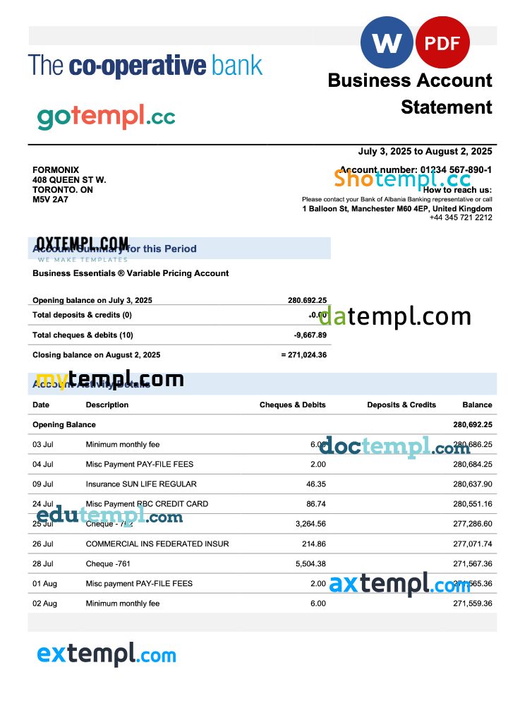 United Kingdom The Cooperative Bank firm checking account statement Word and PDF template United Kingdom The Cooperative Bank firm checking account statement Word and PDF template