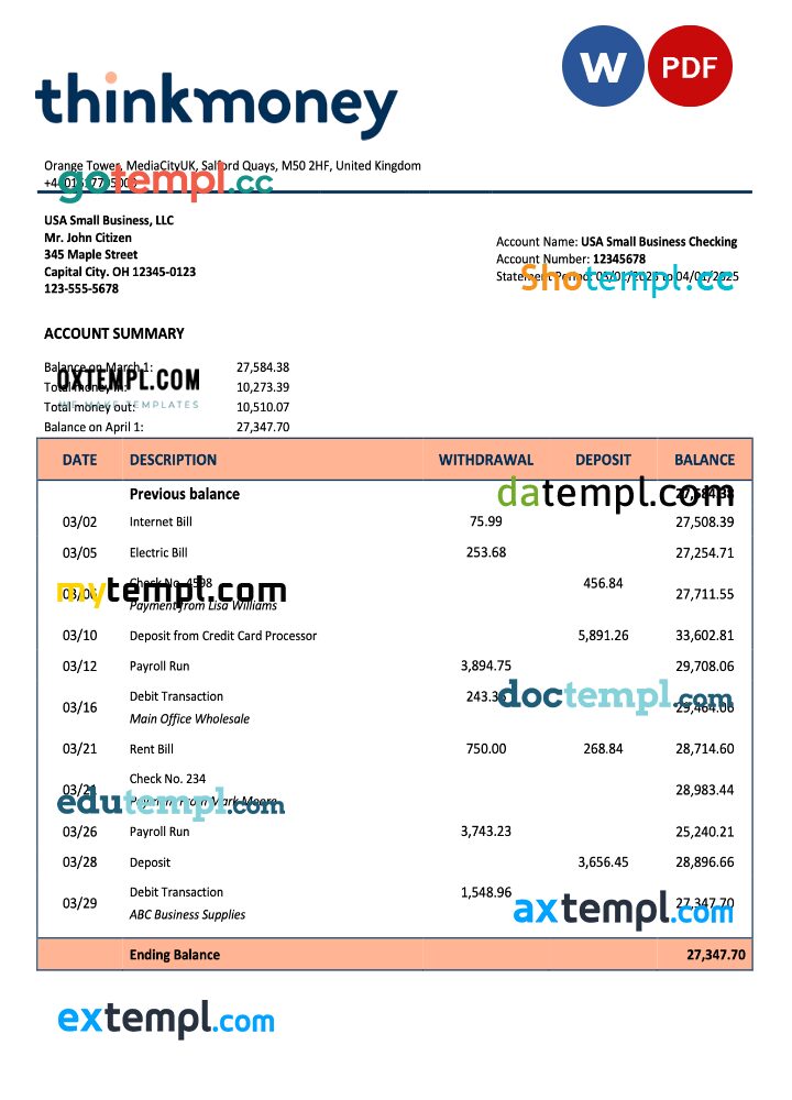 United Kingdom Think Money firm checking account statement Word and PDF template United Kingdom Think Money firm checking account statement Word and PDF template