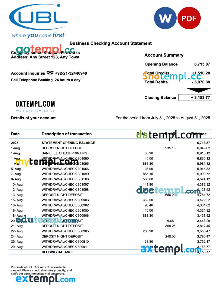 United Kingdom United Bank Ltd (UBL) company checking account statement Word and PDF template United Kingdom United Bank Ltd (UBL) company checking account statement Word and PDF template
